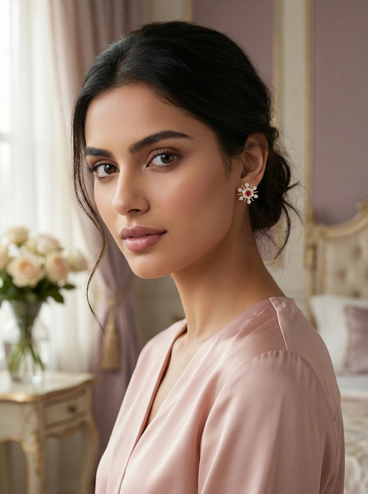 woman wearing a pink blouse with floral 18k gold plated earrings in an elegant room.