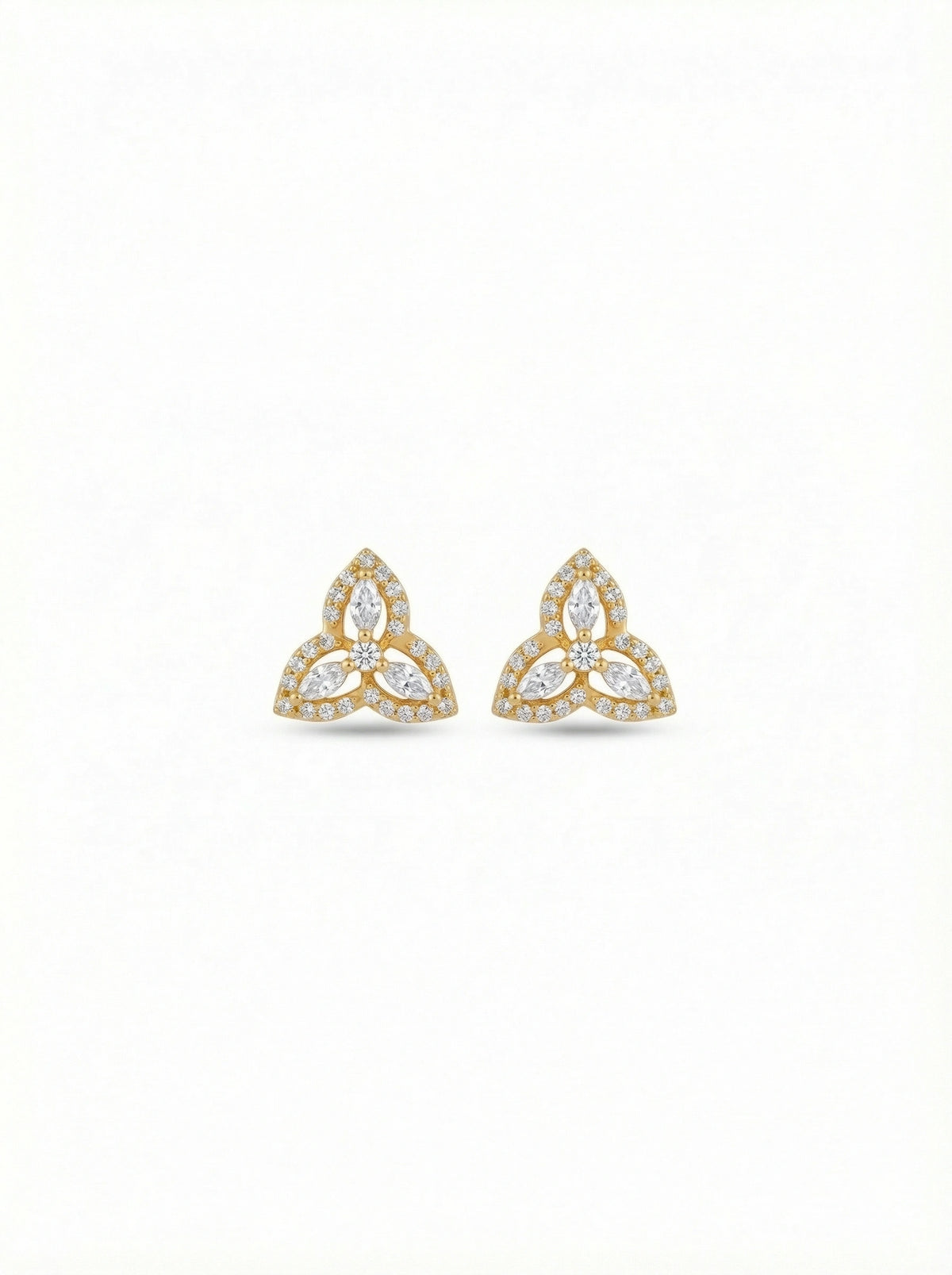 pair of 18k gold plated trinity knot earrings on a white background