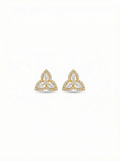 Pair of 18k gold plated Trinity knot earrings on a white background