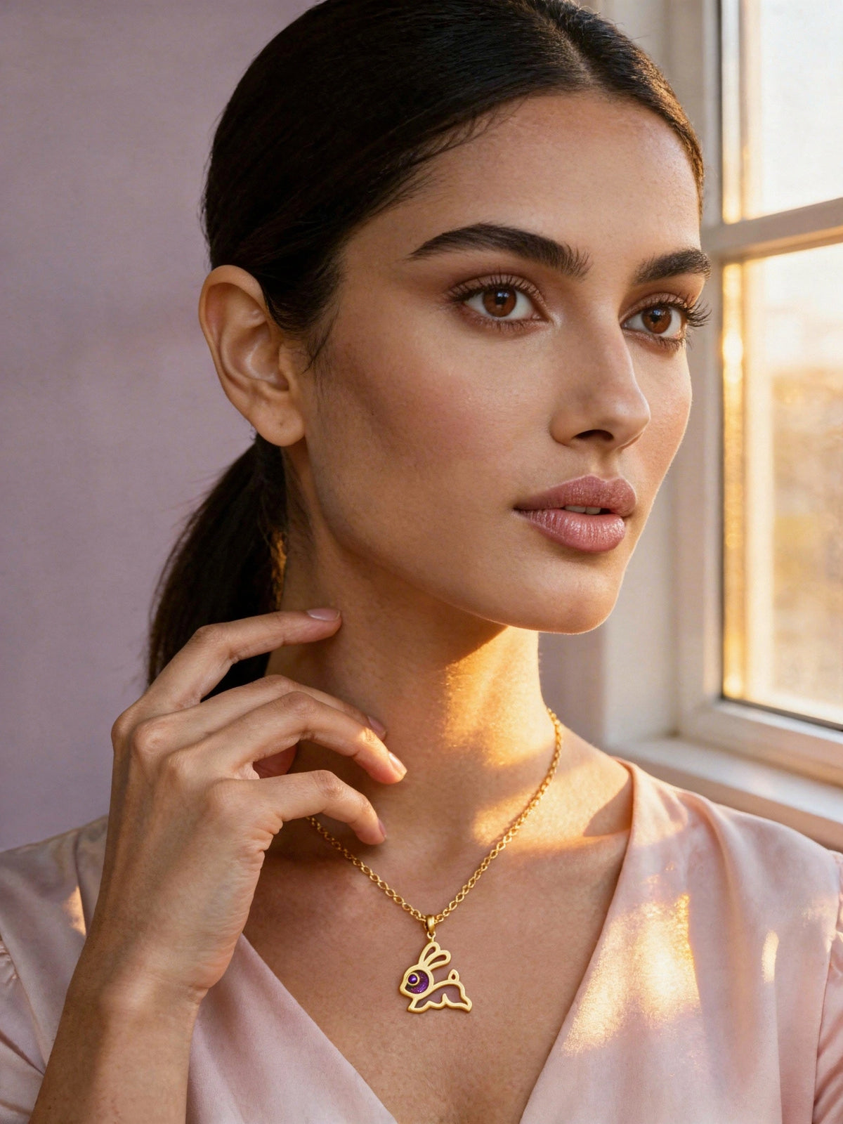 woman wearing a 18k gold plated necklace with a pendant, standing by a window with warm light.