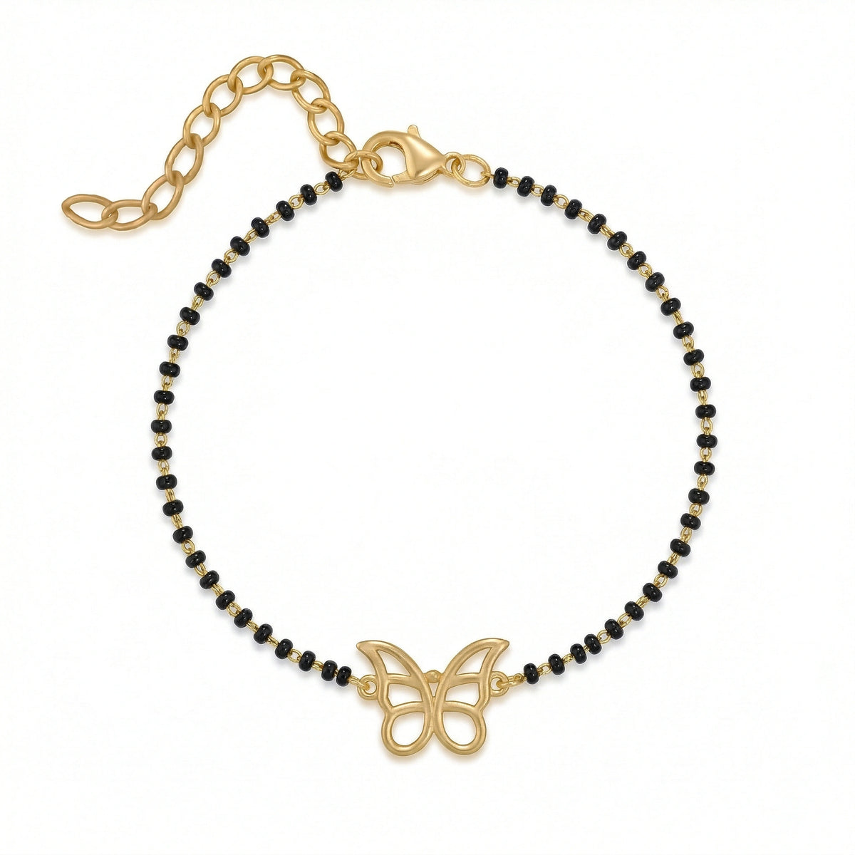 bracelet with black beads and 18k gold plated butterfly charm on a white background