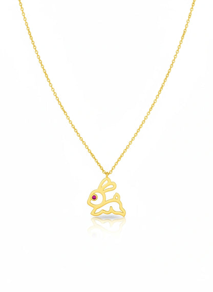 18k Gold plated necklace with a bunny pendant on a white background