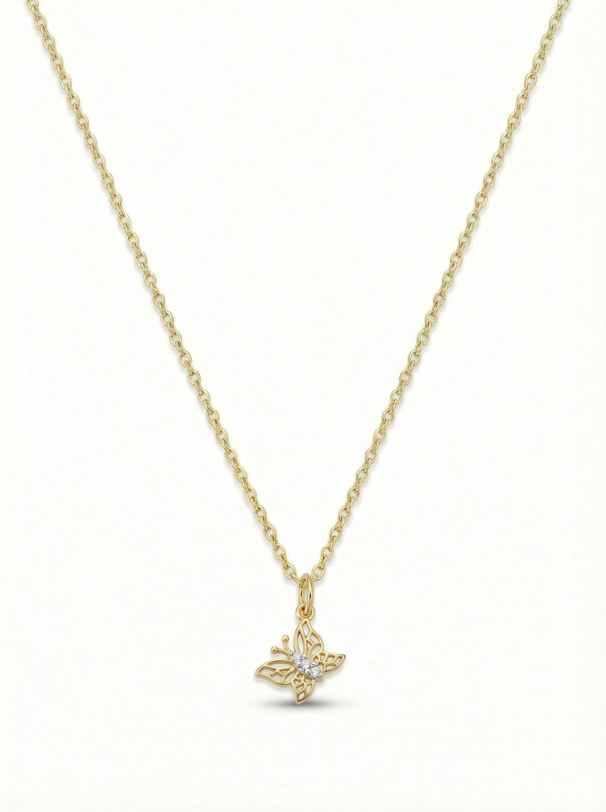 18k gold plated butterfly necklace on a white background