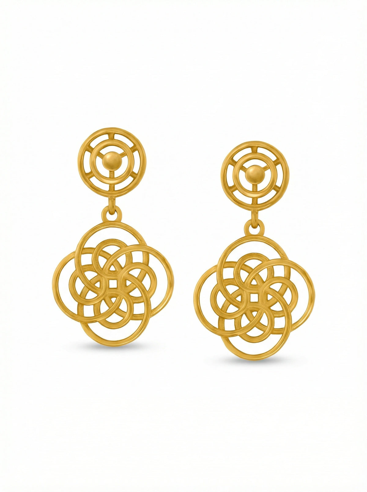 Pair of 18k gold plated Celtic knot earrings on a white background