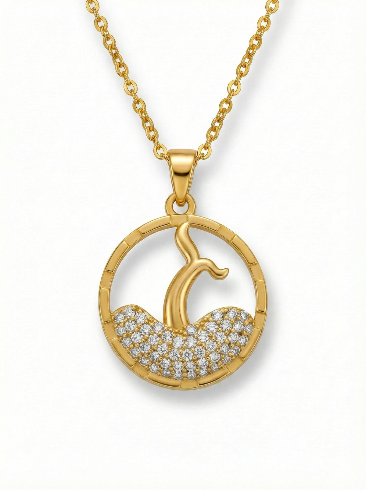 18k Gold plated necklace with a circular pendant featuring a design of a woman and child, set against a white background.