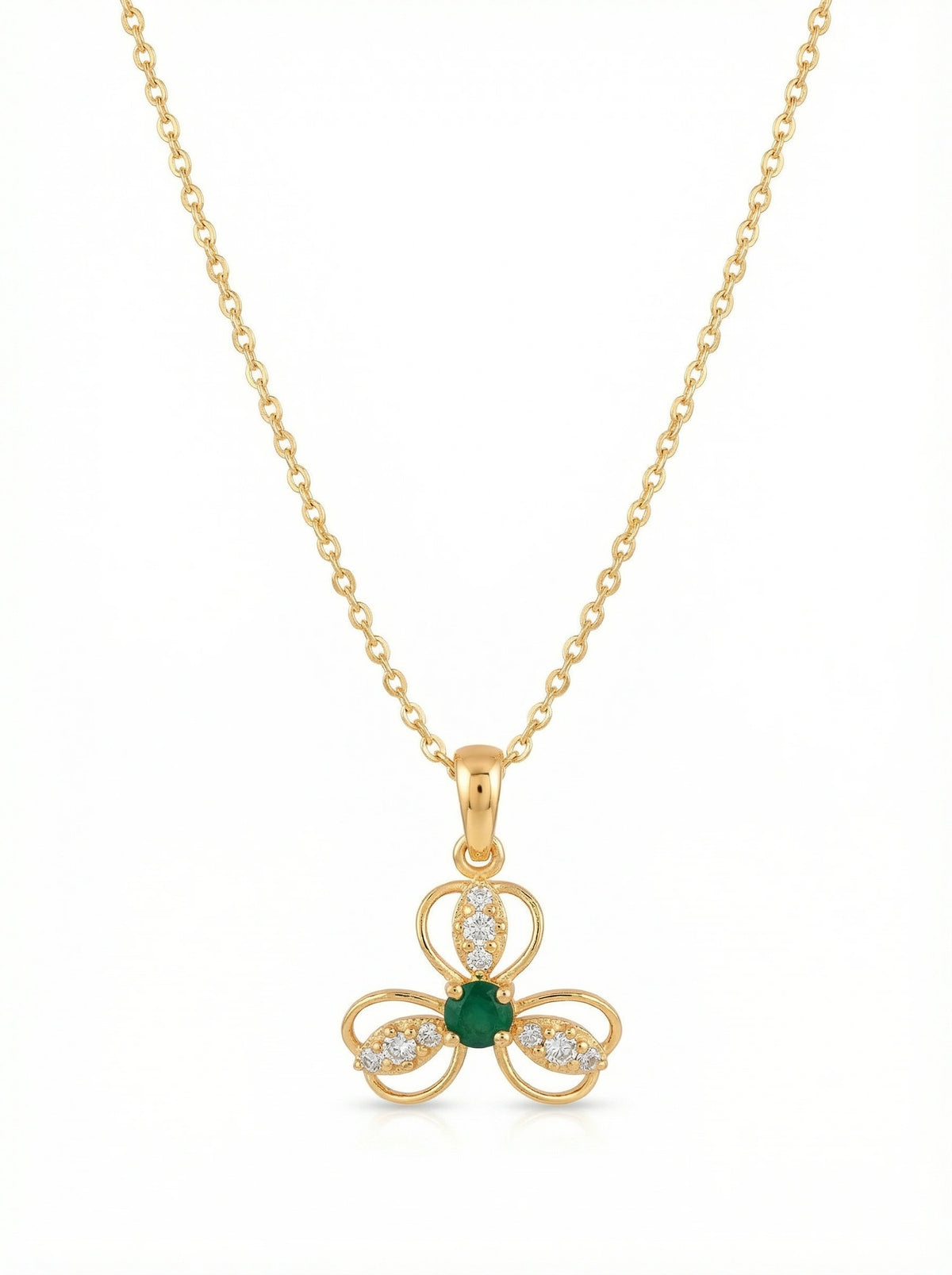 18k gold plated necklace with a clover-shaped pendant featuring a green gemstone on a white background