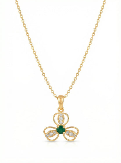 18k Gold plated necklace with a clover-shaped pendant featuring a green gemstone on a white background