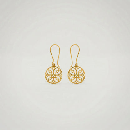 Pair of 18k gold plated earrings on a light gray background