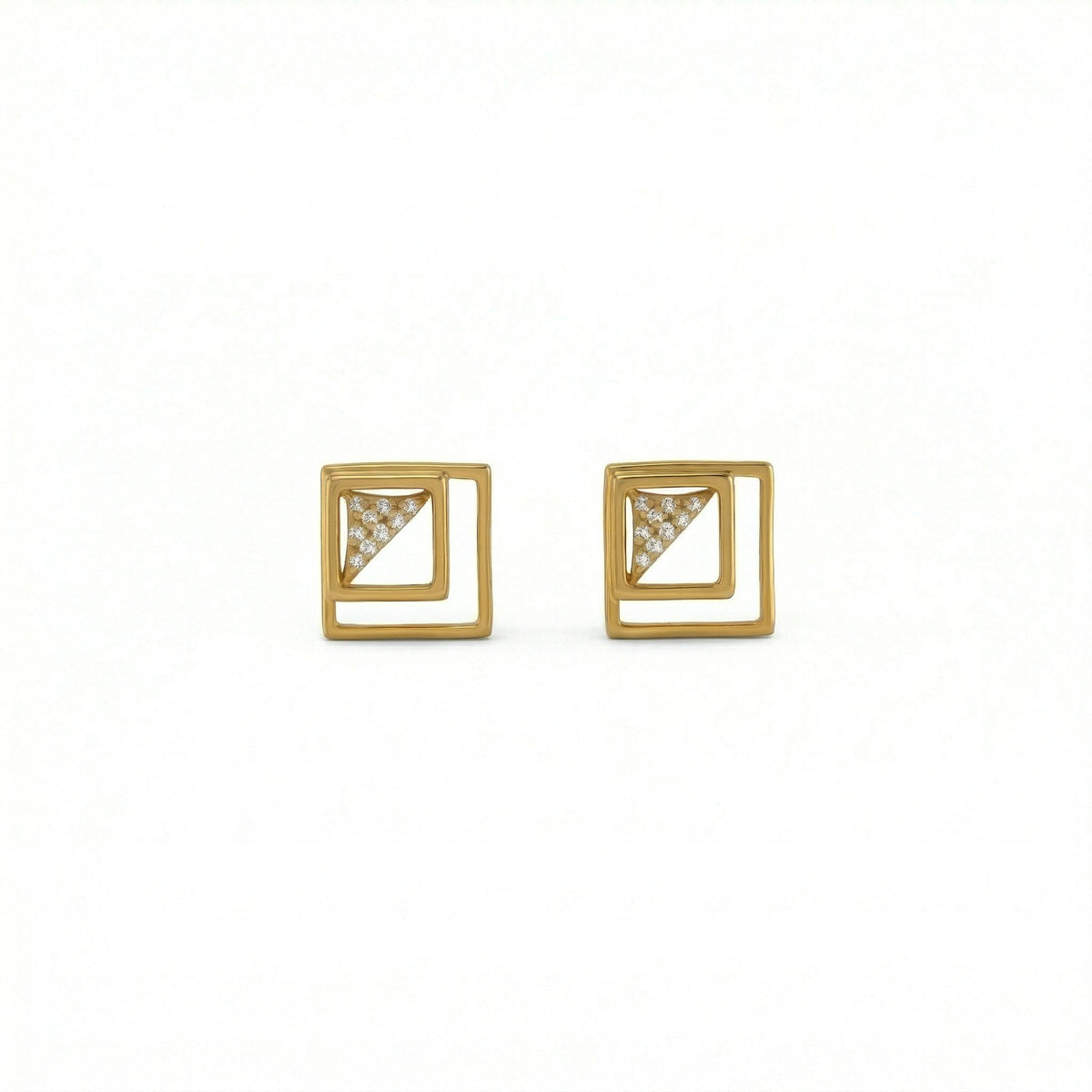 18k Gold plated square earrings with diamond accents on a white background