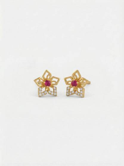 18k Gold plated flower-shaped earrings with red gemstones on a white background