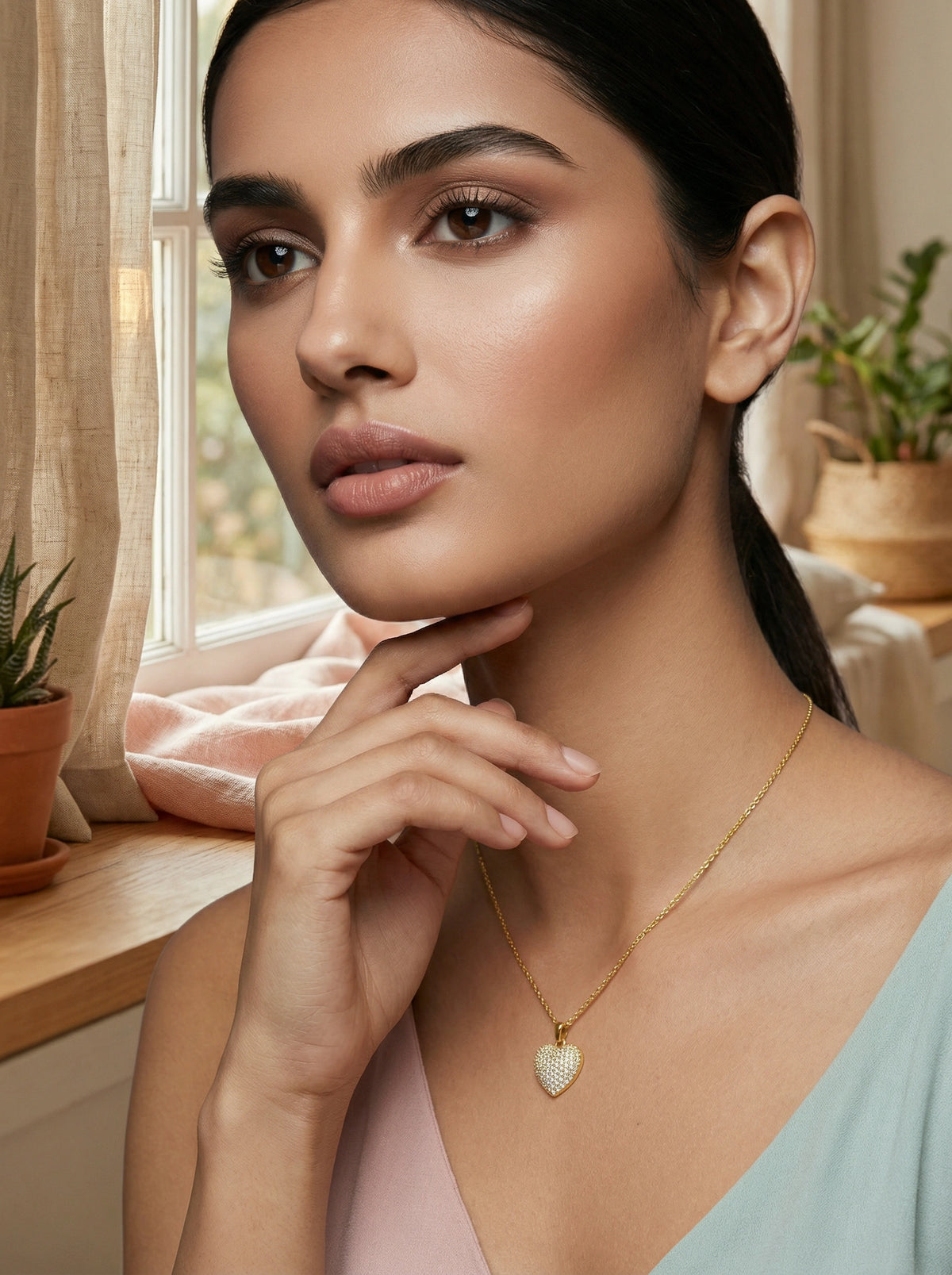 woman wearing a 18k  gold plated necklace with a heart pendant in a cozy indoor setting.