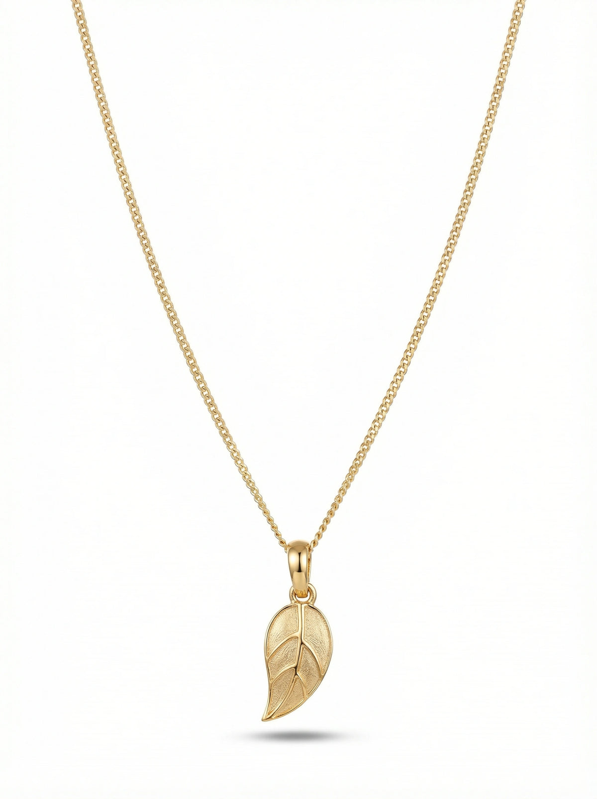 18k gold plated leaf pendant necklace on a white background