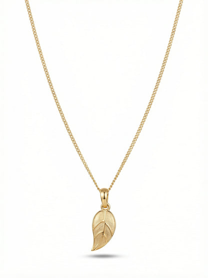 18k Gold plated leaf pendant necklace on a white background
