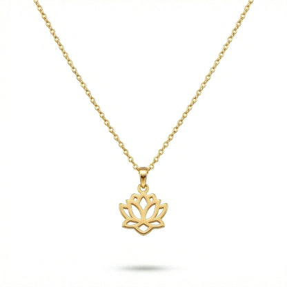 18k Gold plated lotus flower necklace on a white background