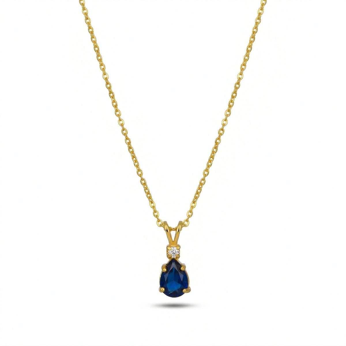18k gold plated necklace with a blue teardrop pendant on a white background