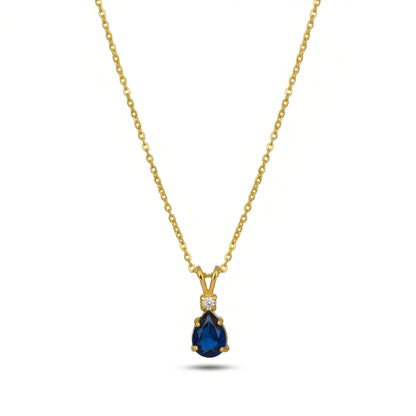 18k Gold plated necklace with a blue teardrop pendant on a white background