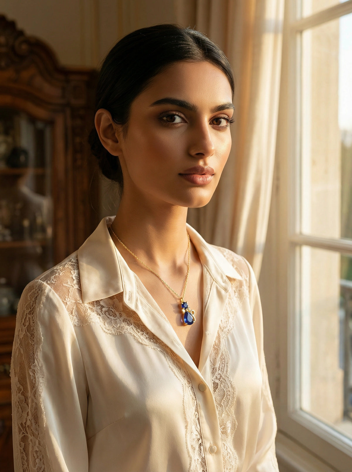 woman wearing a white lace shirt with 18k gold plated  necklace, standing by a window.