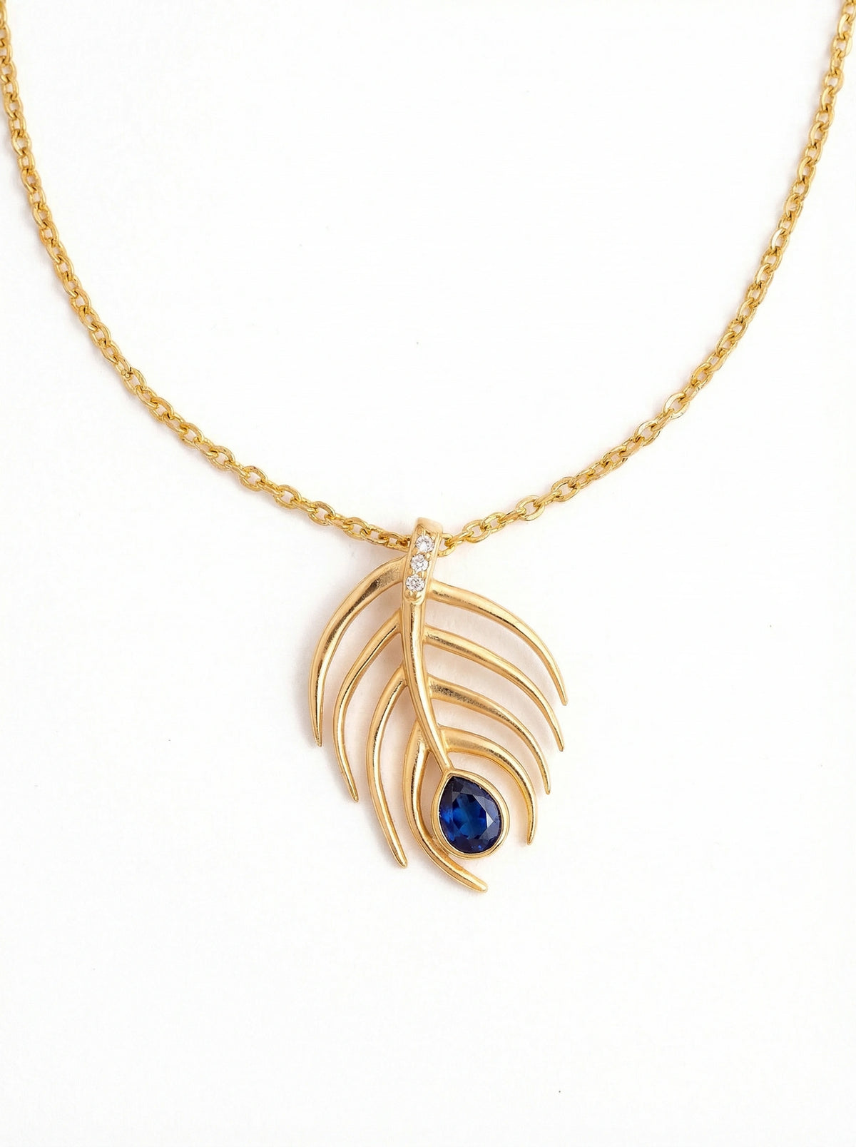 18k gold plated necklace with a leaf-shaped pendant featuring a blue gemstone on a white background
