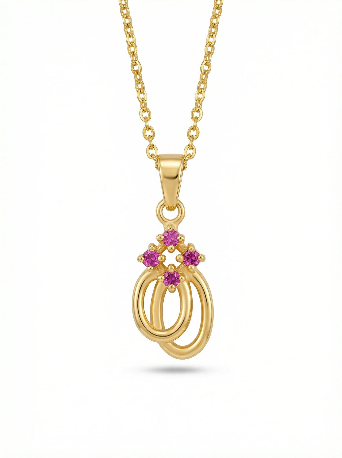 18k Gold plated necklace with a pendant featuring pink gemstones on a white background