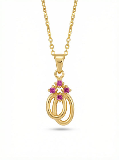 18k Gold plated necklace with a pendant featuring pink gemstones on a white background