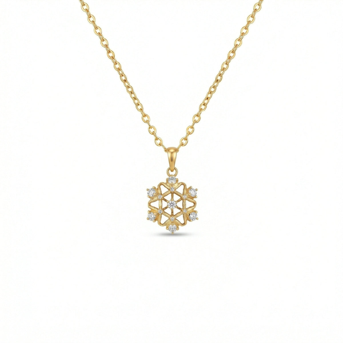 18k gold plated necklace with a snowflake-shaped pendant on a white background
