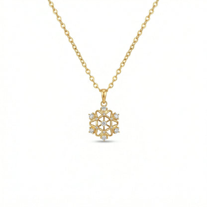 18k Gold plated necklace with a snowflake-shaped pendant on a white background