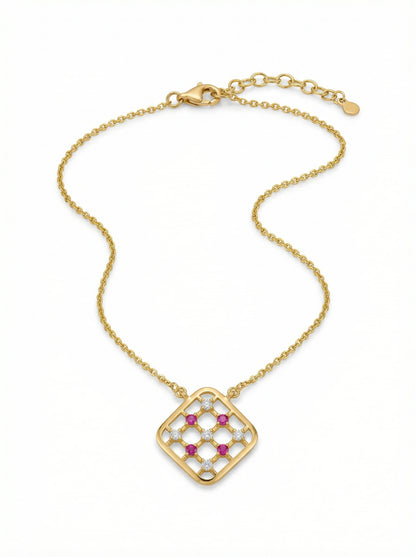 18k Gold plated necklace with a square pendant featuring gemstones on a white background