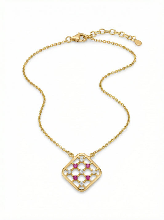 18k Gold plated necklace with a square pendant featuring gemstones on a white background