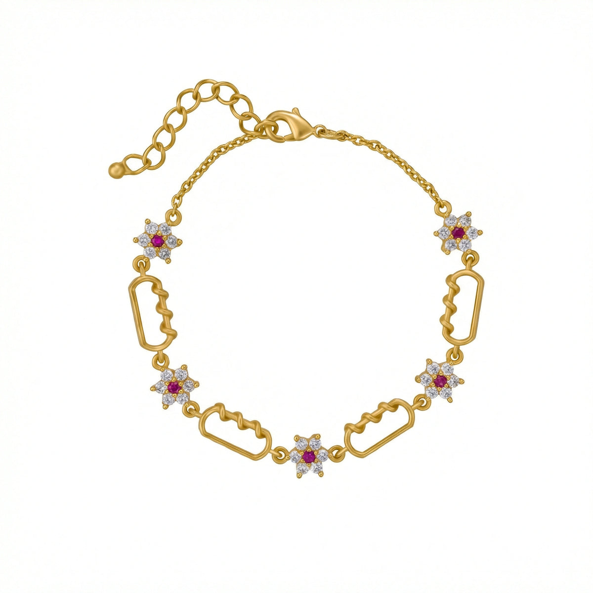 18k gold platedbracelet with star-shaped links and red gemstones on a white background