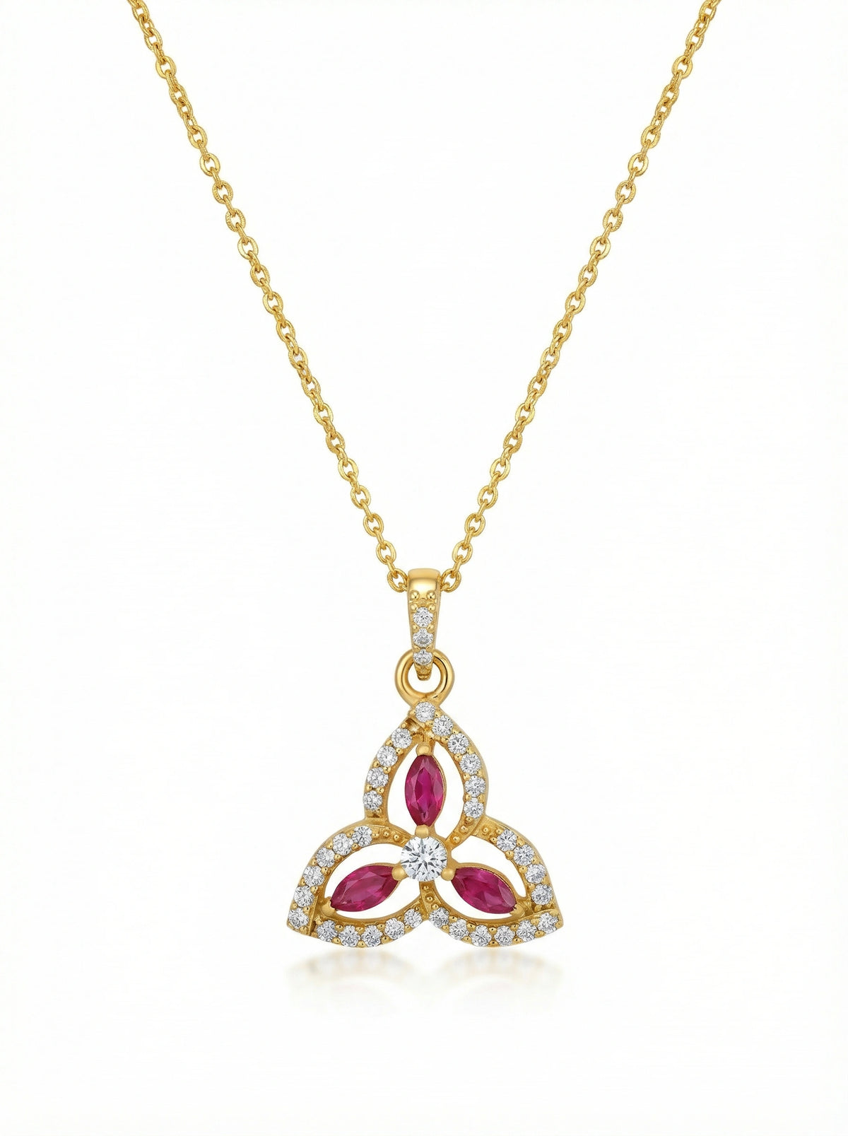 18k gold plated necklace with a triangular pendant featuring red stones and diamonds on a white background