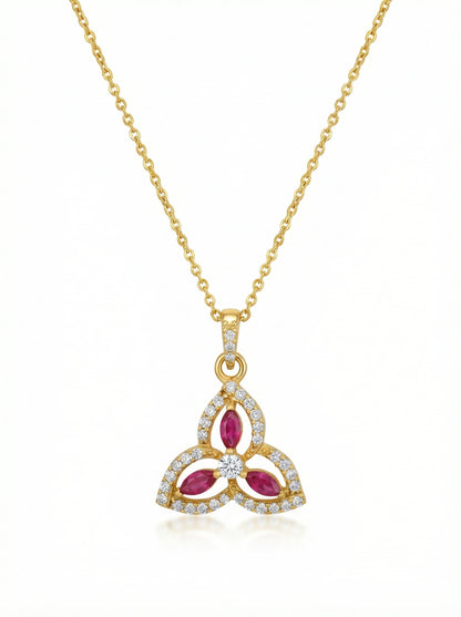 18k Gold plated necklace with a triangular pendant featuring red stones and diamonds on a white background