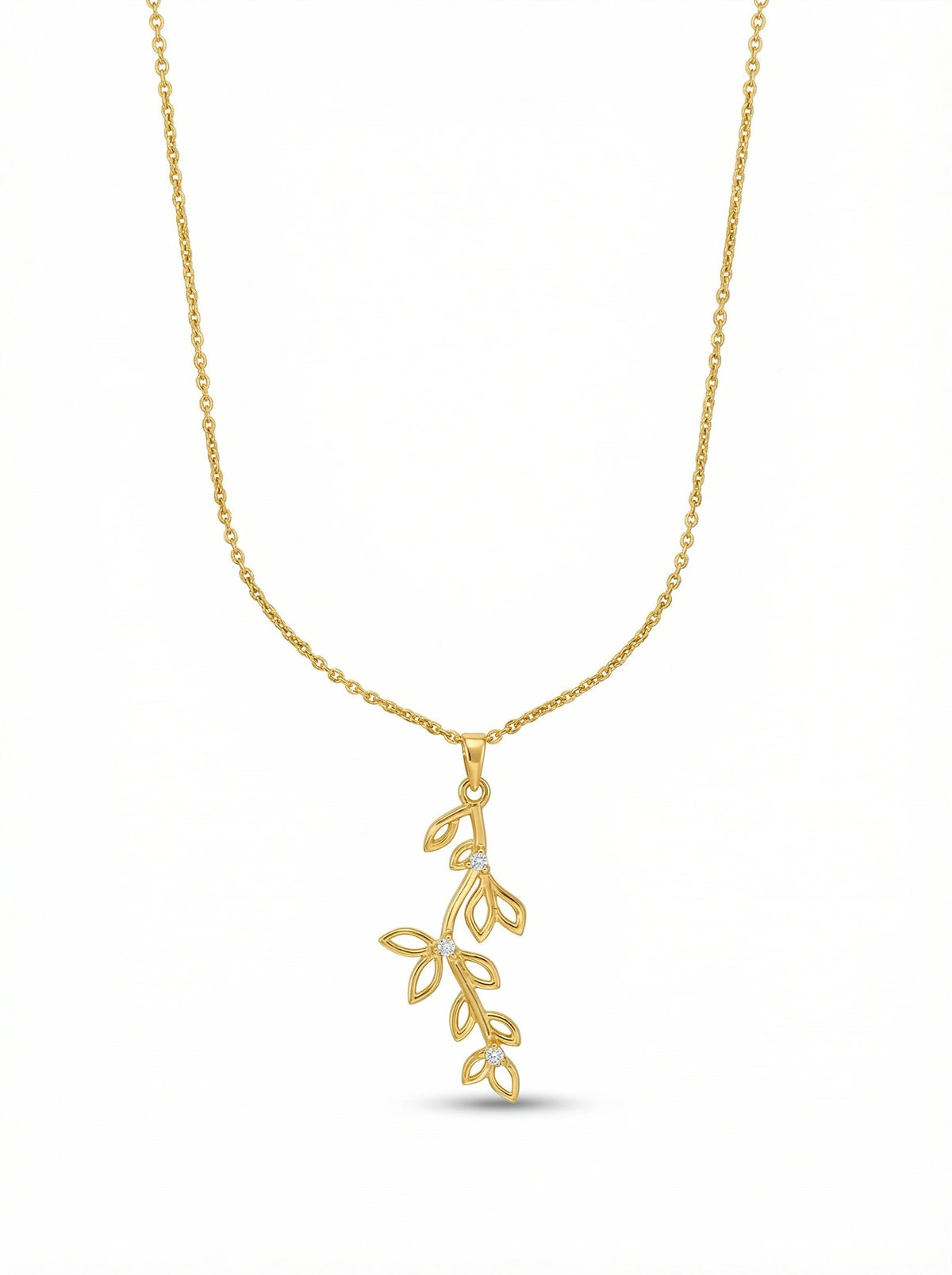 18k gold plated necklace with a leaf-shaped pendant on a white background