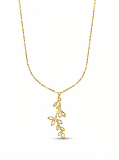18k Gold plated necklace with a leaf-shaped pendant on a white background