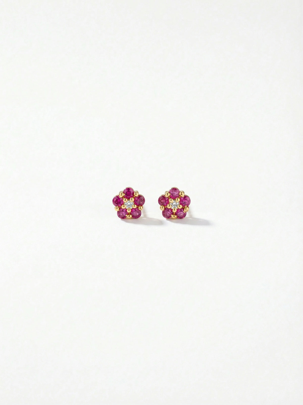 pair of flower-shaped earrings with 18k gold plated pink and yellow stones on a white background