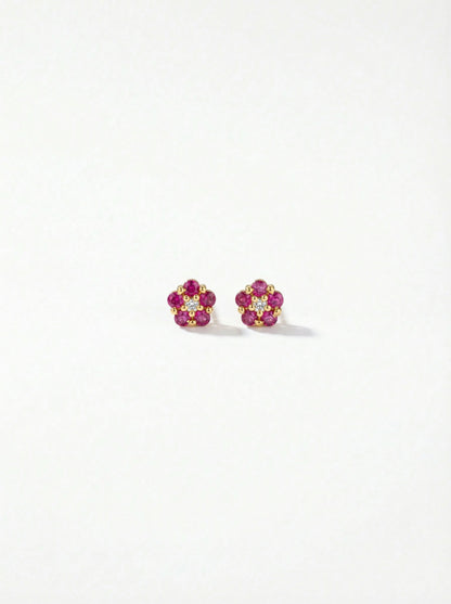 Pair of flower-shaped earrings with 18k gold plated pink and yellow stones on a white background