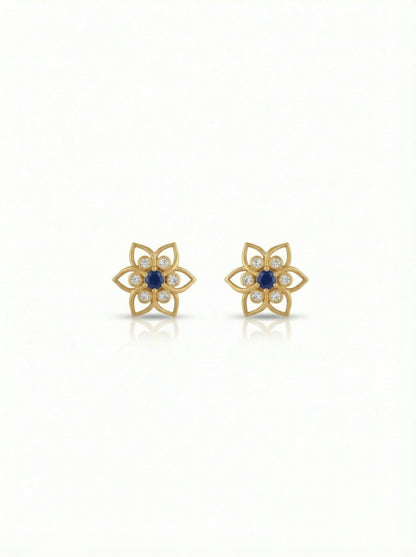 18k Gold plated  flower-shaped earrings with blue centers on a white background