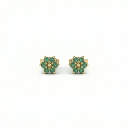 18k Gold plate earrings with green gemstones on a white background