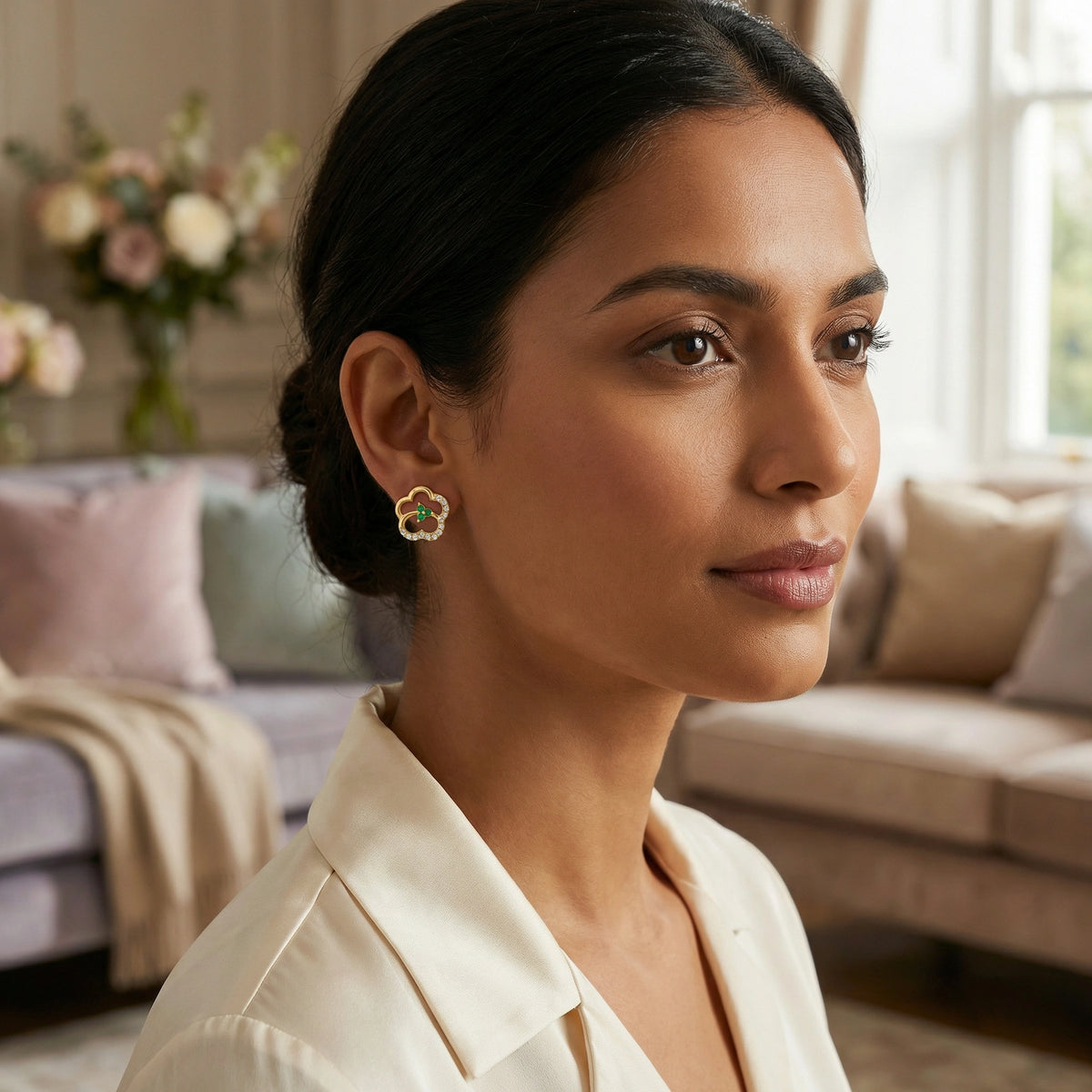 woman wearing 18k gold plated  earrings in a living room setting