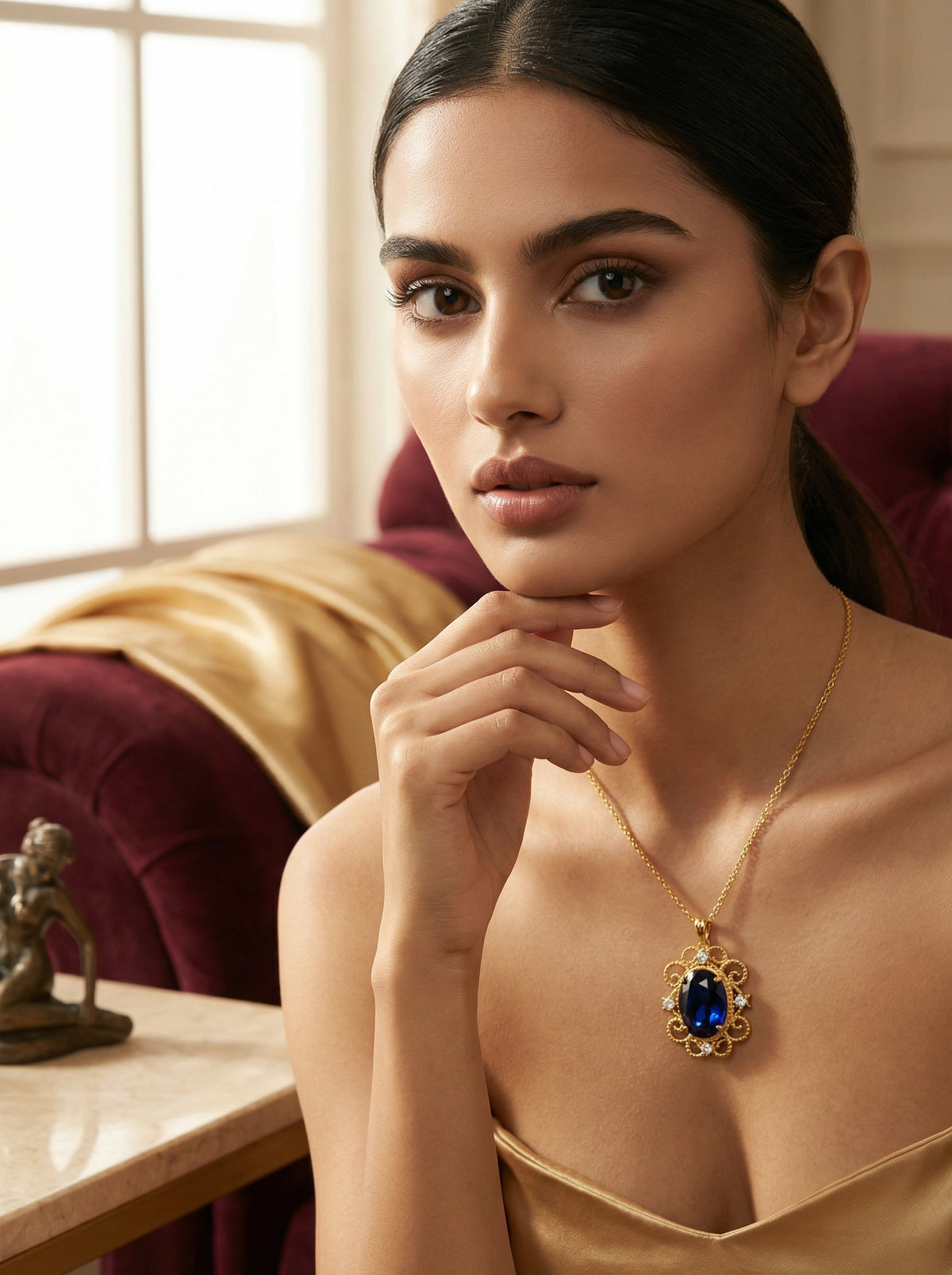 woman wearing a 18k gold plated necklace with a blue gemstone in an elegant indoor setting.