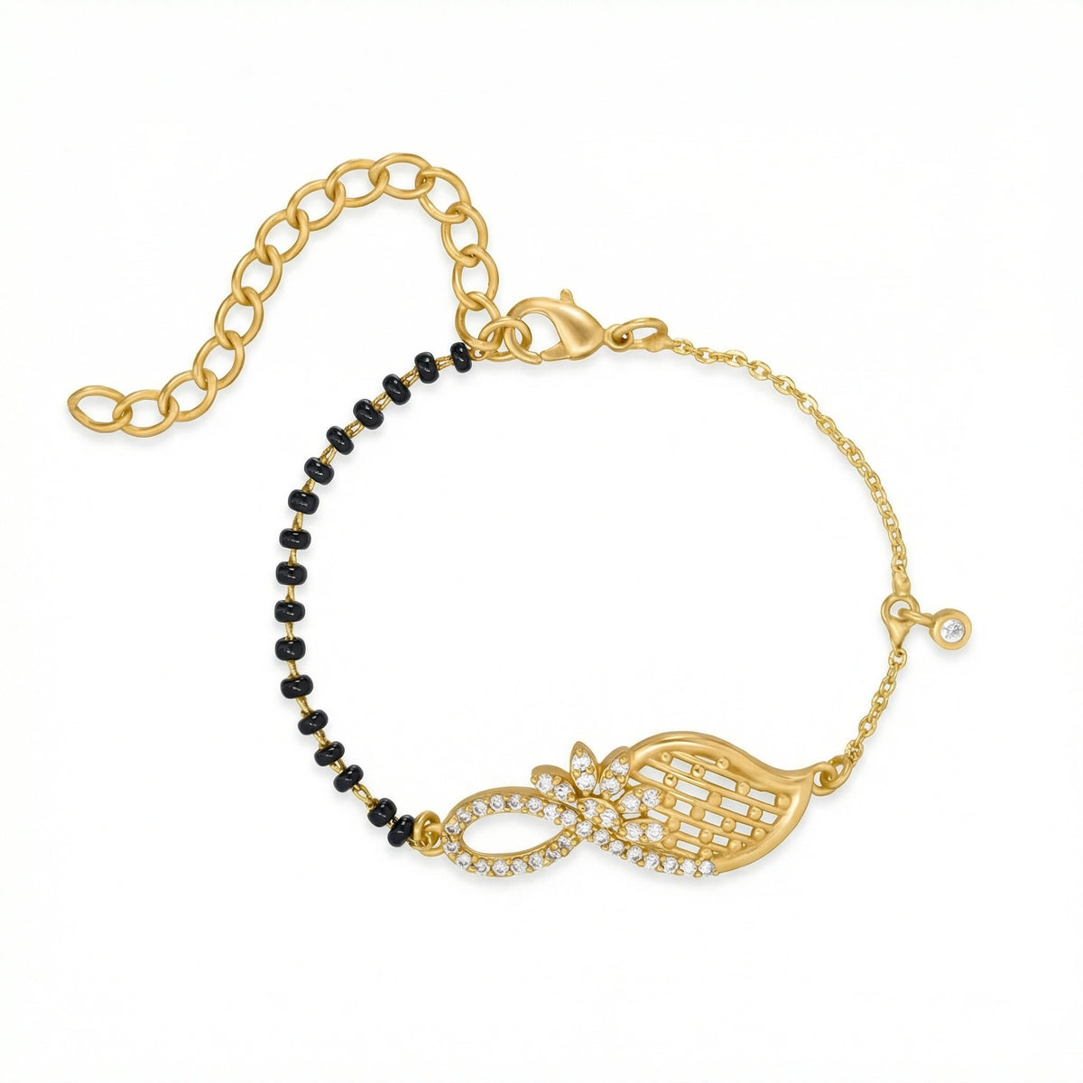 18k gold plated bracelet with black beads and a decorative clasp on a white background