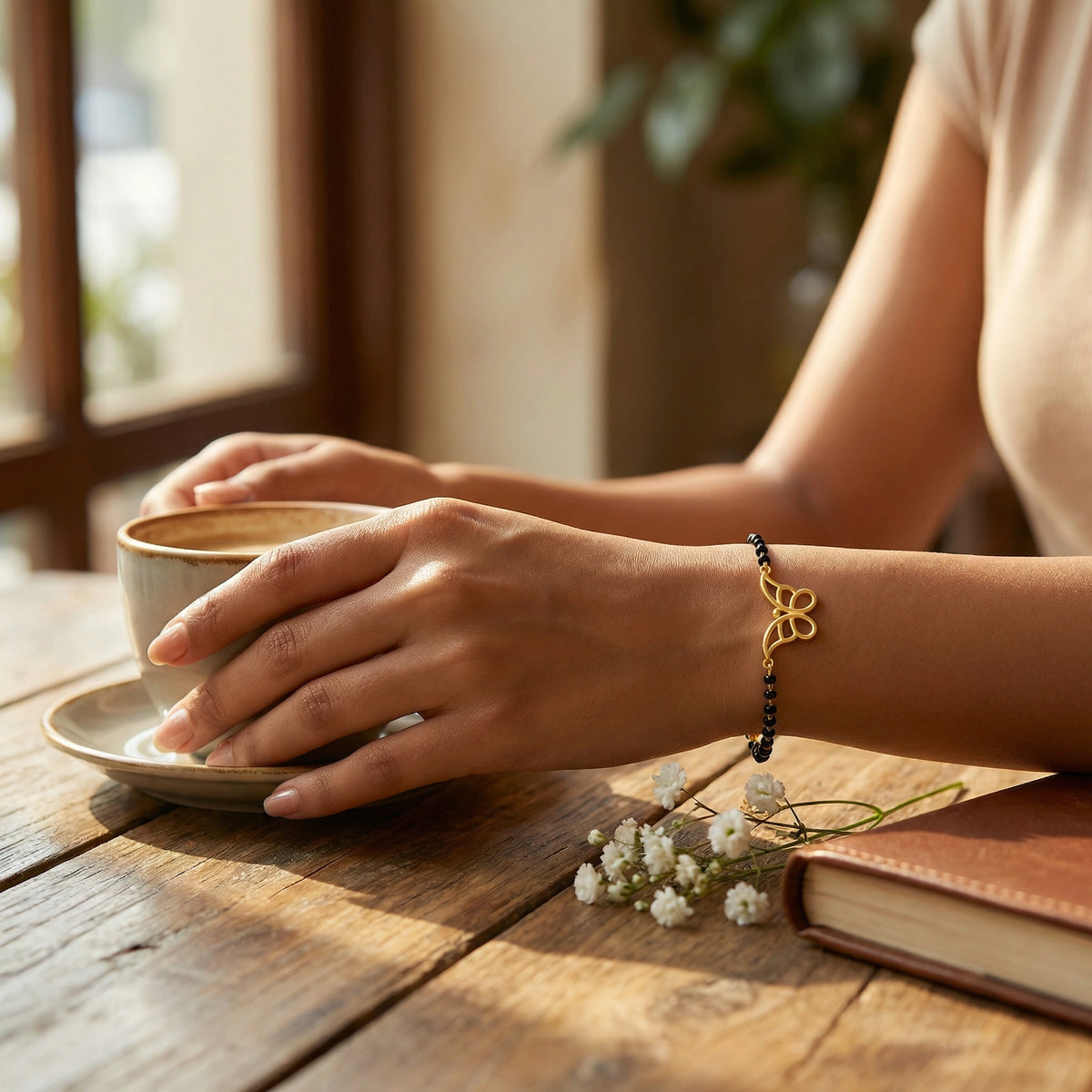 wear 18k gold plated black bead bracelet and person holding a cup on a wooden table with a book and flowers
