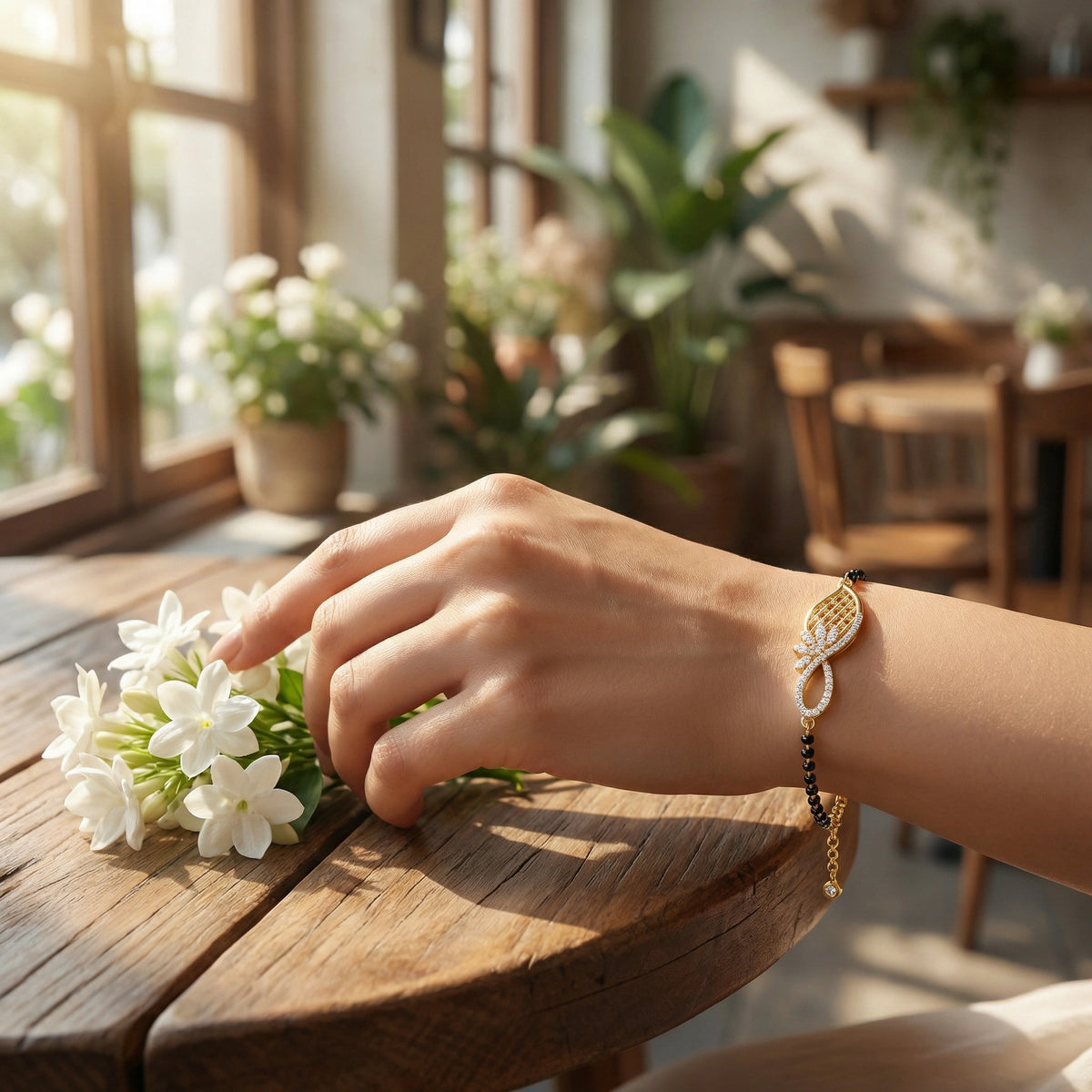 hand with 18k gold plated bracelet touching white flowers on a wooden table in a bright room with plants.