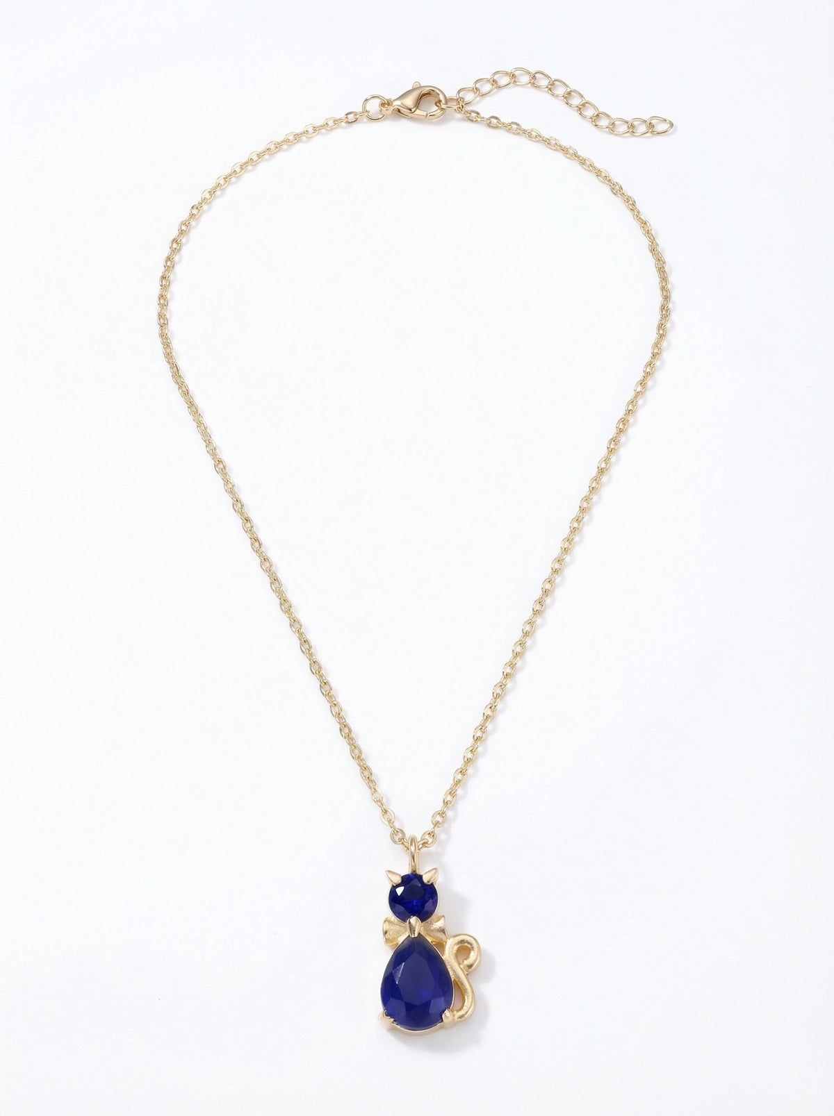 18k gold plated Gold necklace with a blue teardrop pendant on a white background