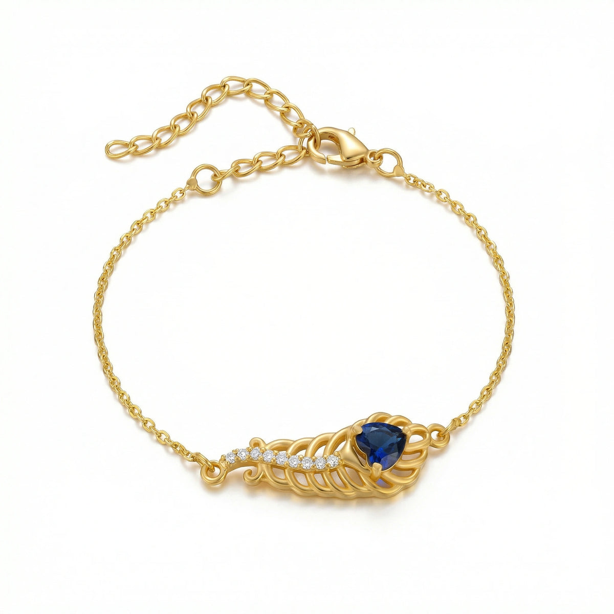 18k gold plated bracelet with a blue gemstone on a white background
