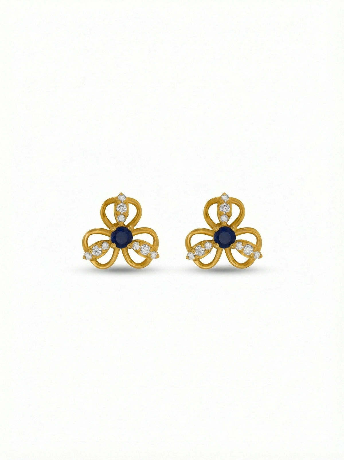 18k gold plated flower-shaped earrings with blue centers on a white background