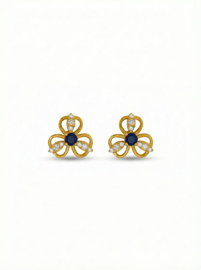 18k Gold plated flower-shaped earrings with blue centers on a white background