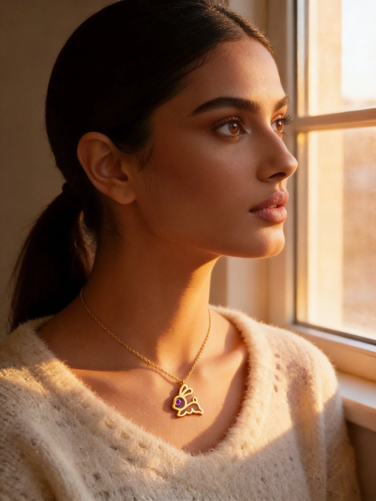 woman wearing a 18k gold plated  necklace with a pendant, standing by a window with warm light.