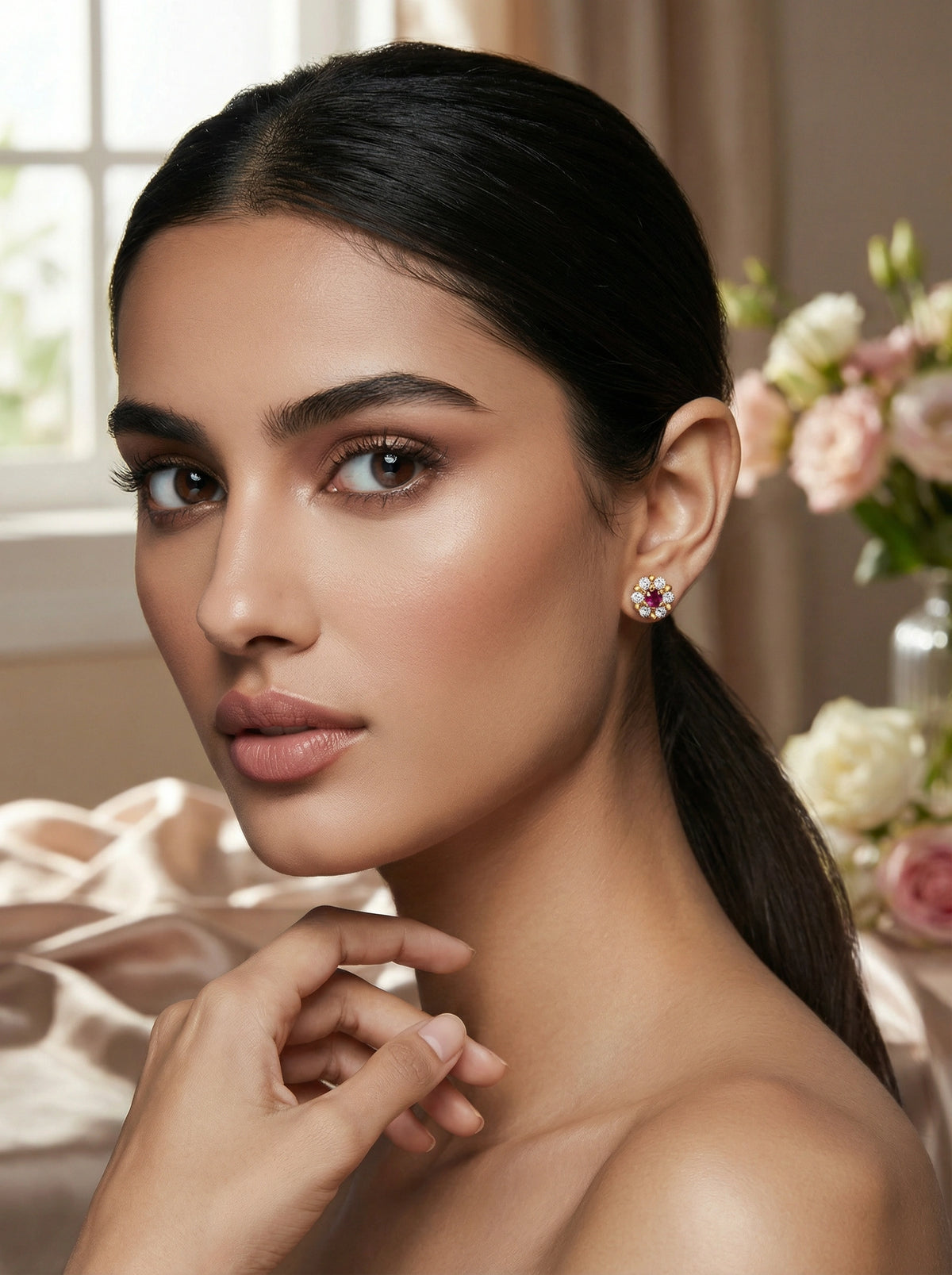 woman wearing 18k gold plated  earrings with a soft focus background