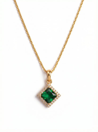 18k Gold plated necklace with a green gemstone pendant on a white background