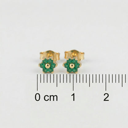 18k Gold plated earrings with green gemstones on a white background with measurement scale.